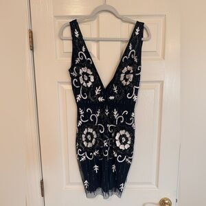 Lace & Beads Beaded Floral Cocktail Dress Navy Size S